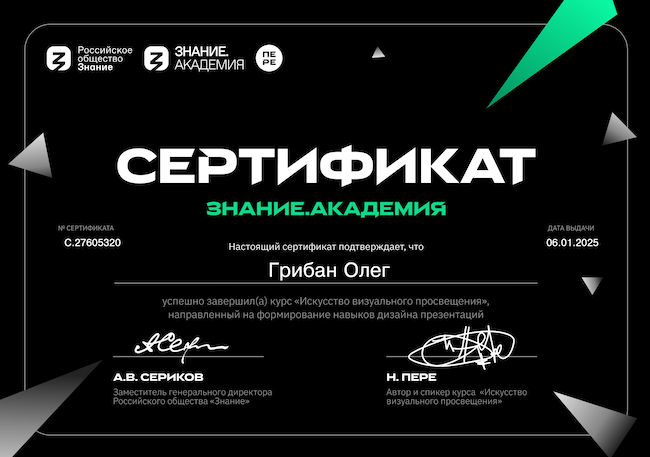 Искусство визуального просвещения, Знание.Академия Дизайнер презентаций Олег Грибан, обучение